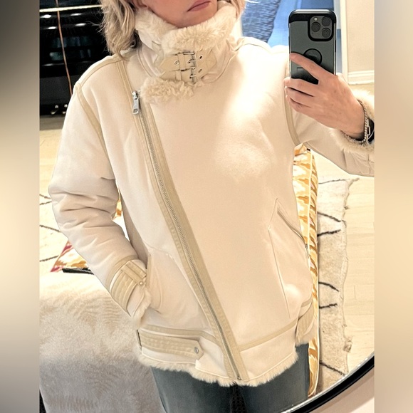 Faux shearling/fur cream oversized biker jacket from Zara women’s size M - Picture 7 of 8